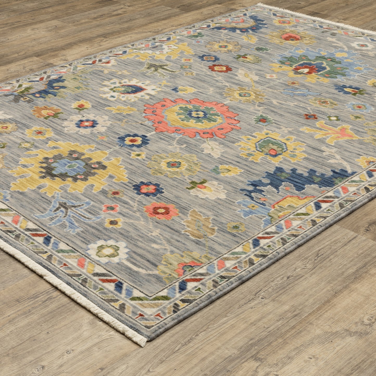 Lucca Floral Grey/ Multi Oriental Cut Pile Rug
