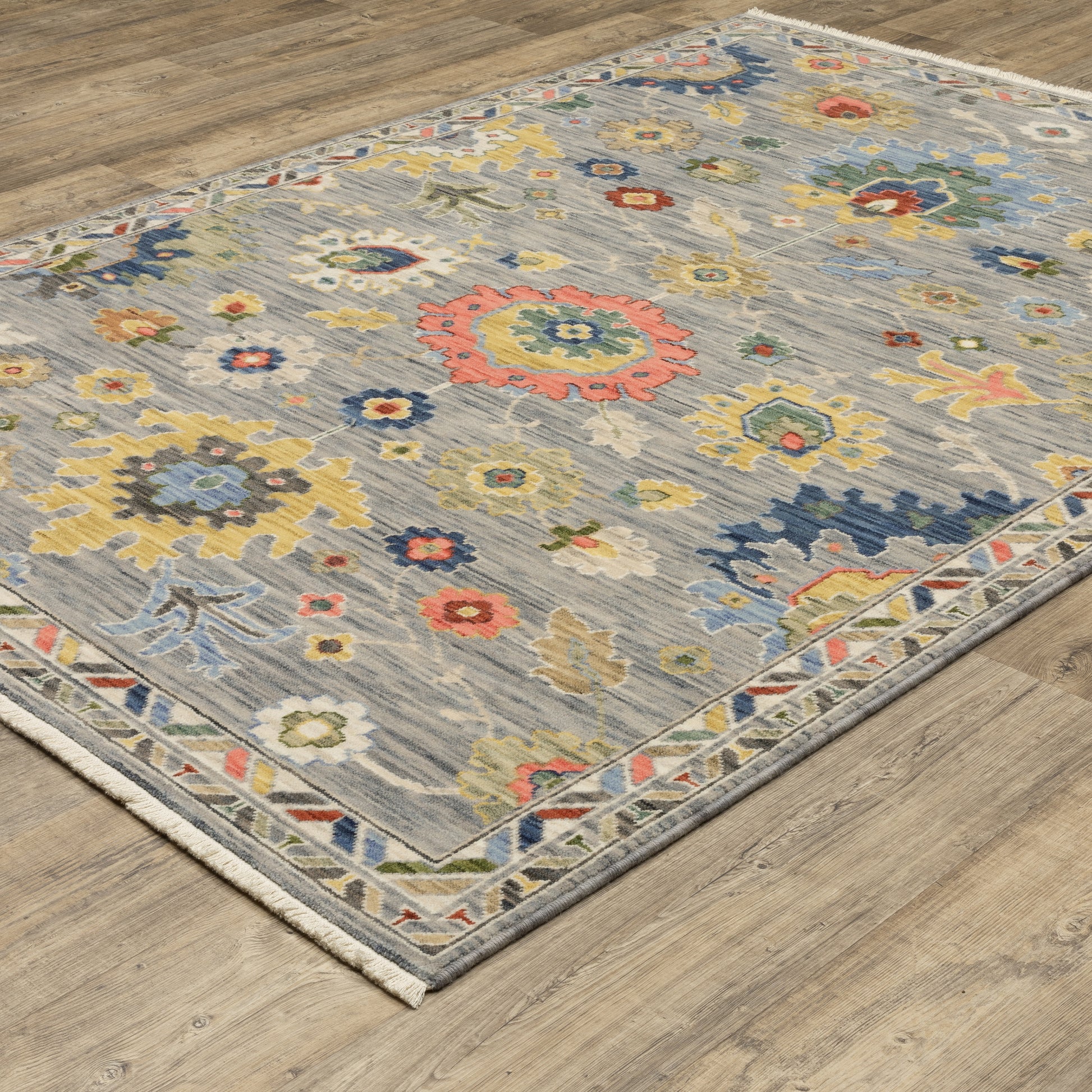 Lucca Floral Grey/ Multi Oriental Cut Pile Rug
