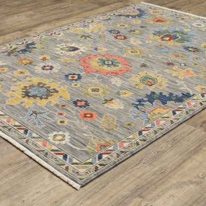 Lucca Floral Grey/ Multi Oriental Cut Pile Rug