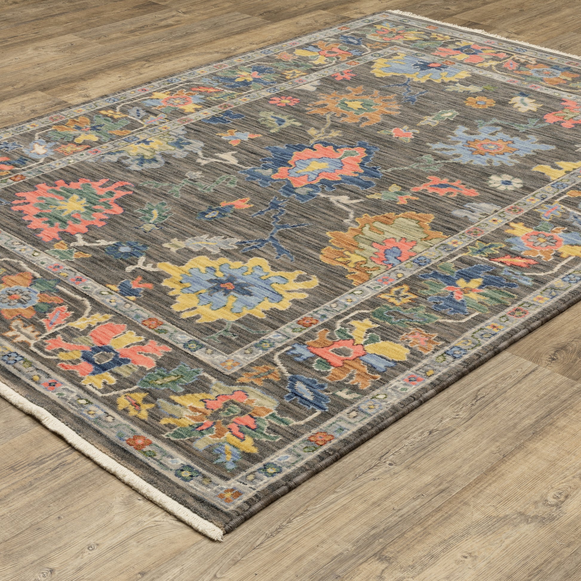 Lucca Floral Grey/ Multi Oriental Cut Pile Rug