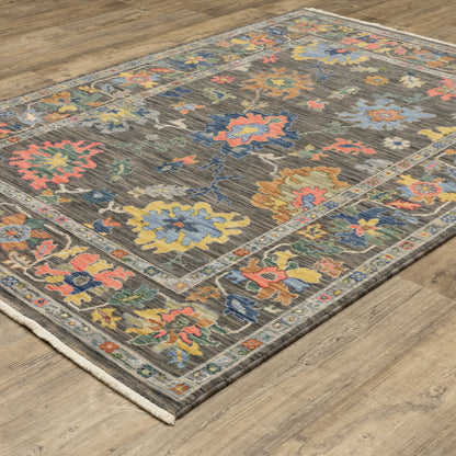 Lucca Floral Grey/ Multi Oriental Cut Pile Rug