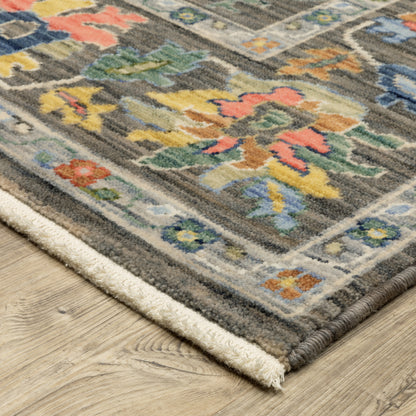 Lucca Floral Grey/ Multi Oriental Cut Pile Rug
