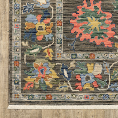Lucca Floral Grey/ Multi Oriental Cut Pile Rug