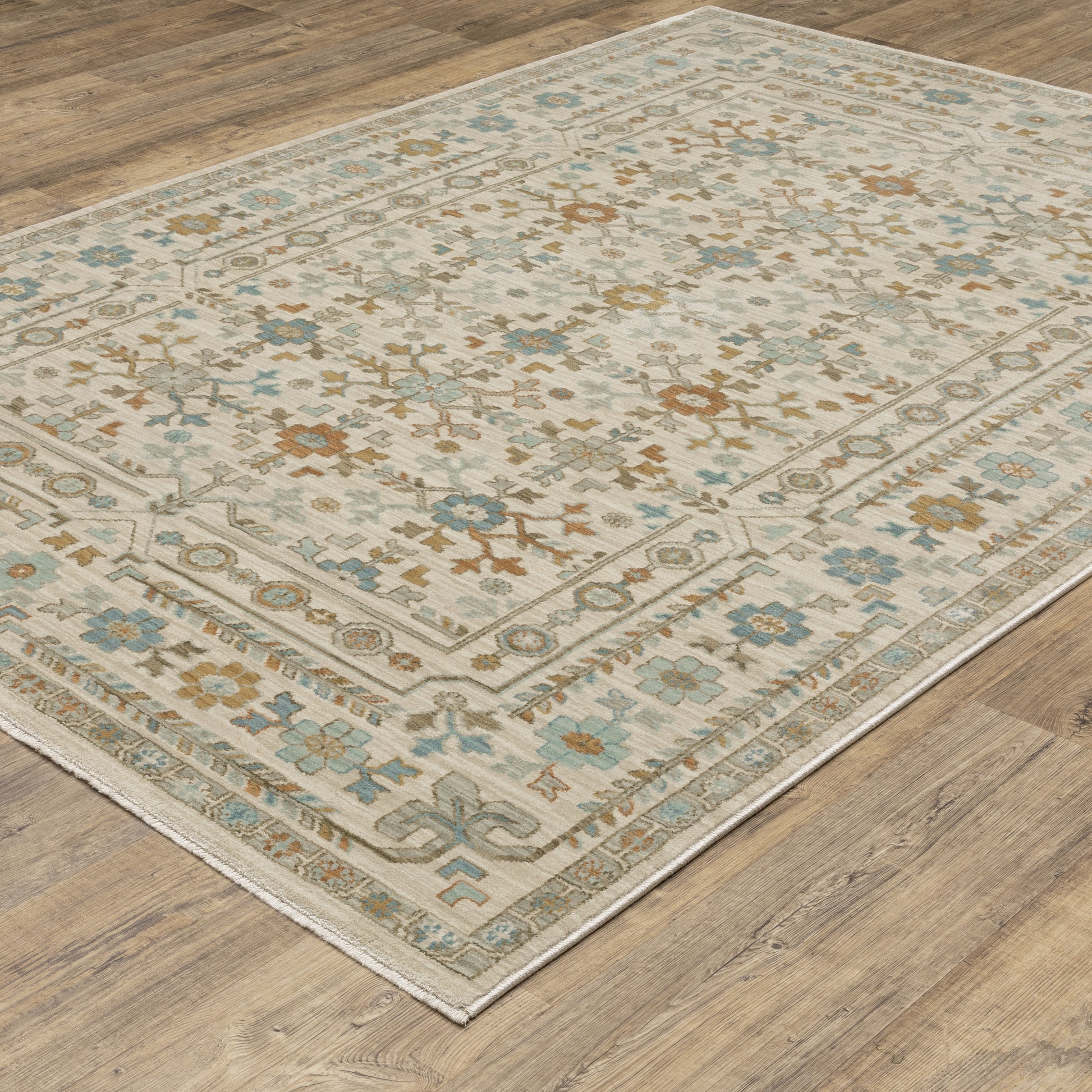 Maeve Floral Ivory/ Blue Geometric Cut Pile Rug
