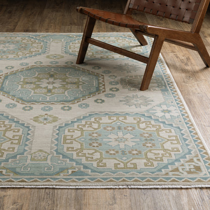 Maeve Medallion Beige/ Blue Geometric Cut Pile Rug