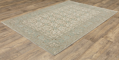 Maeve Border Beige/ Blue Distressed Cut Pile Rug