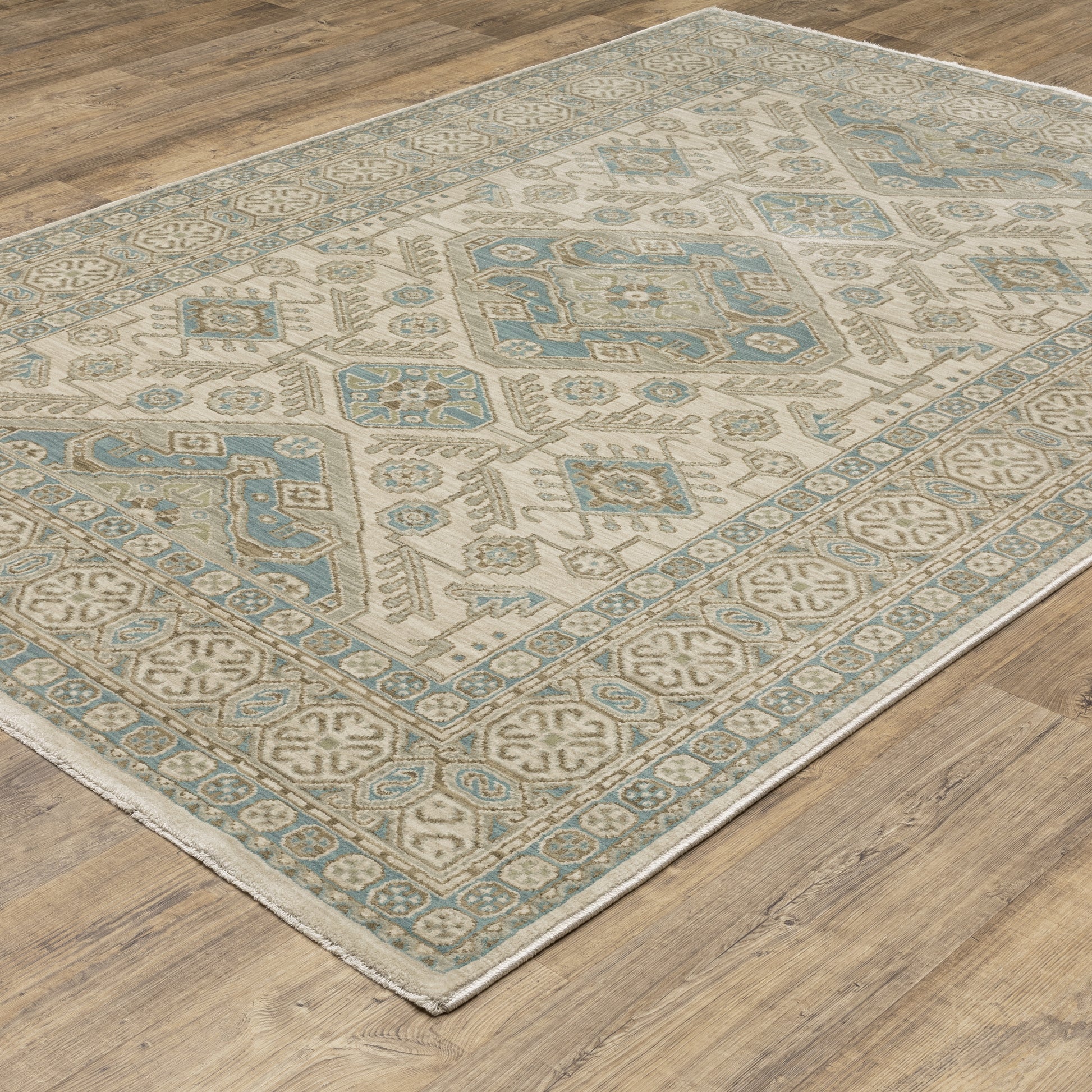 Maeve Border Beige/ Blue Medallion Cut Pile Rug