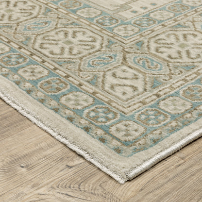 Maeve Border Beige/ Blue Medallion Cut Pile Rug