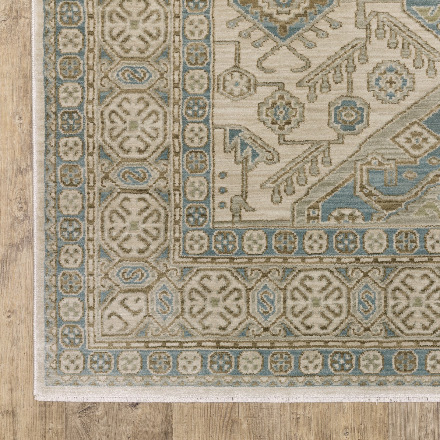 Maeve Border Beige/ Blue Medallion Cut Pile Rug