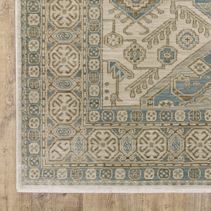 Maeve Border Beige/ Blue Medallion Cut Pile Rug