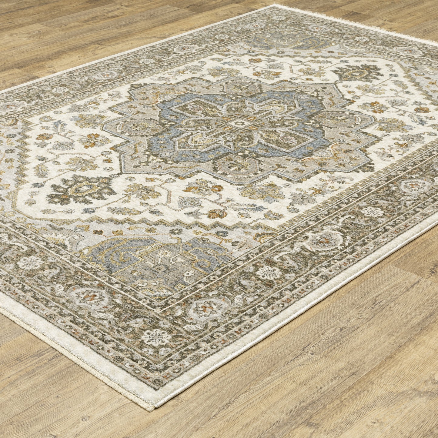Maharaja Medallion Ivory/ Gold Oriental Cut Pile Rug