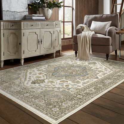 Maharaja Medallion Ivory/ Gold Oriental Cut Pile Rug