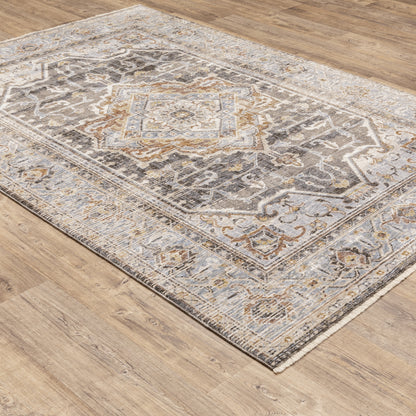 Maharaja Medallion Charcoal/ Blue Distressed Cut Pile Rug