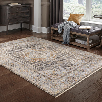 Maharaja Medallion Charcoal/ Blue Distressed Cut Pile Rug