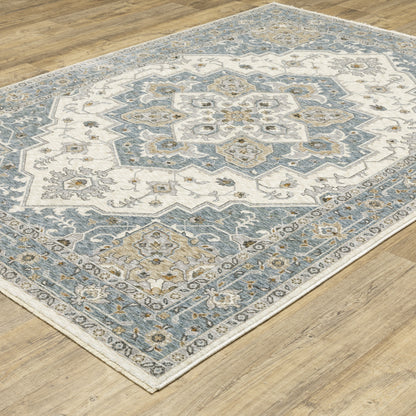 Maharaja Medallion Blue/ Ivory Oriental Cut Pile Rug