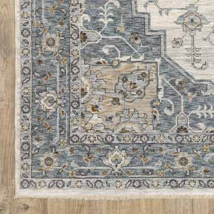 Maharaja Medallion Blue/ Ivory Oriental Cut Pile Rug