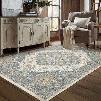 Maharaja Medallion Blue/ Ivory Oriental Cut Pile Rug