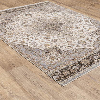 Maharaja Medallion Ivory/ Blue Oriental Cut Pile Rug
