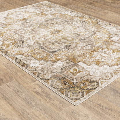 Maharaja Medallion Gold/ Brown Distressed Cut Pile Rug