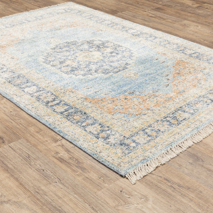Malabar Medallion Blue/ Beige Distressed Cut Pile Rug