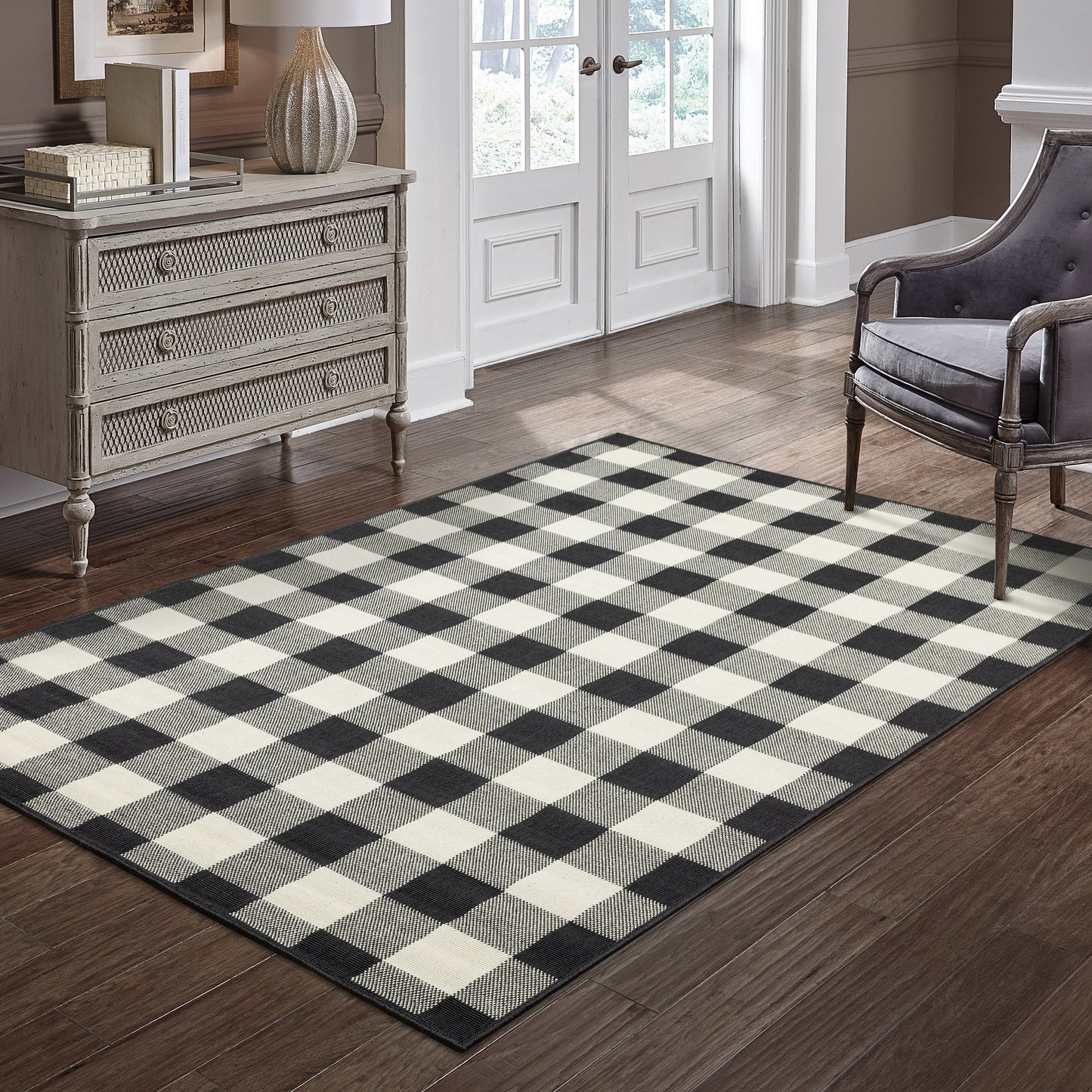 Marina Outdoor Black/ Ivory Southwest/Lodge Loop Pile Rug