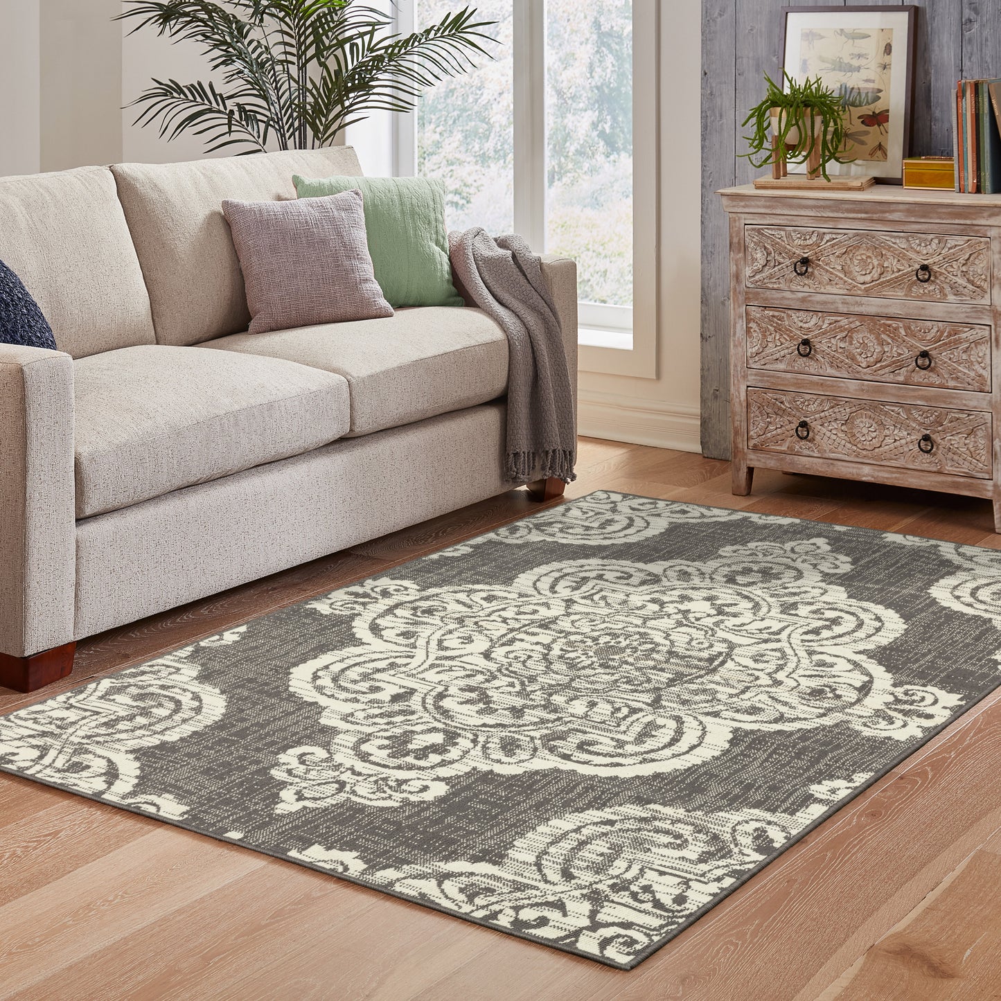 Marina Medallion Grey/ Ivory Outdoor Loop Pile Rug