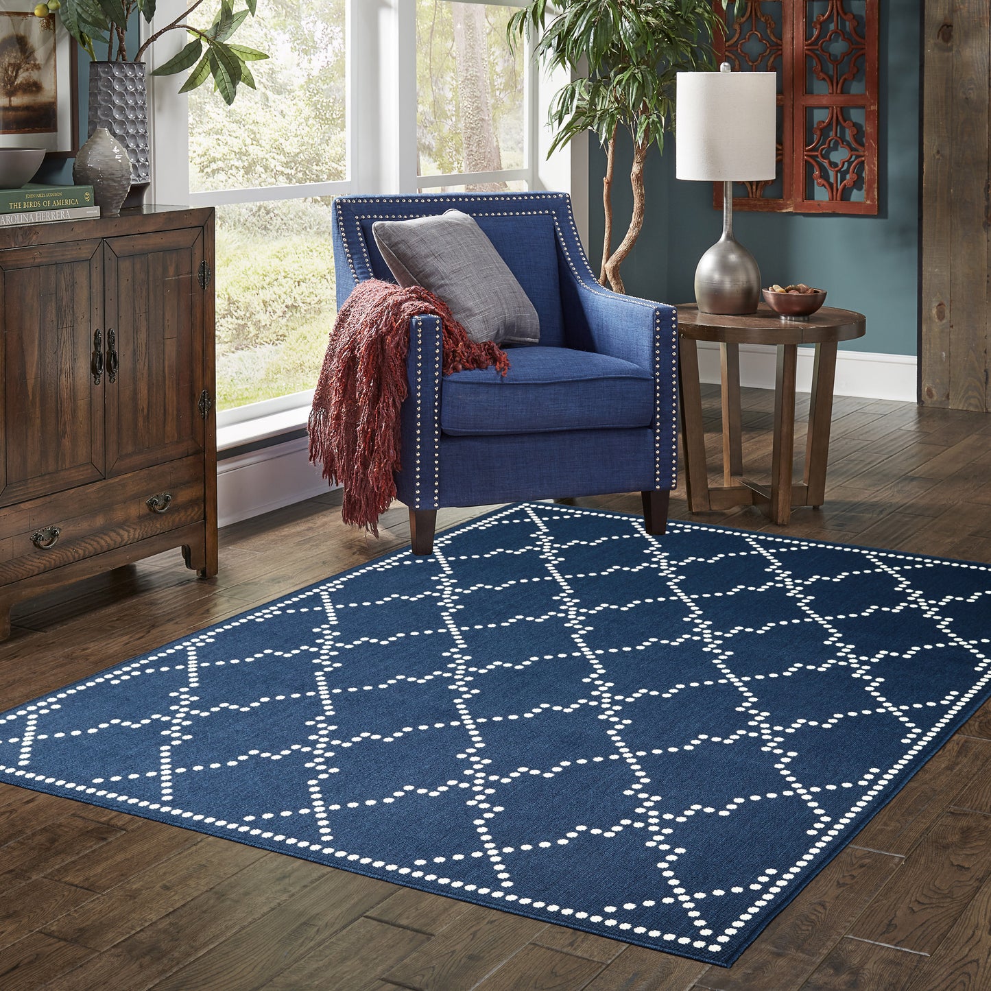 Marina Lattice Navy/ Ivory Outdoor Loop Pile Rug