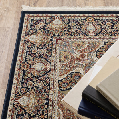 Masterpiece Medallion Navy/ Multi Oriental Cut Pile Rug