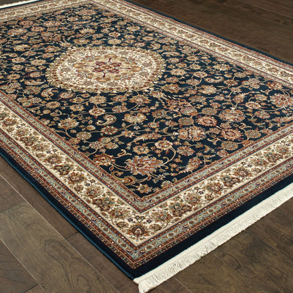 Masterpiece Medallion Navy/ Ivory Oriental Cut Pile Rug