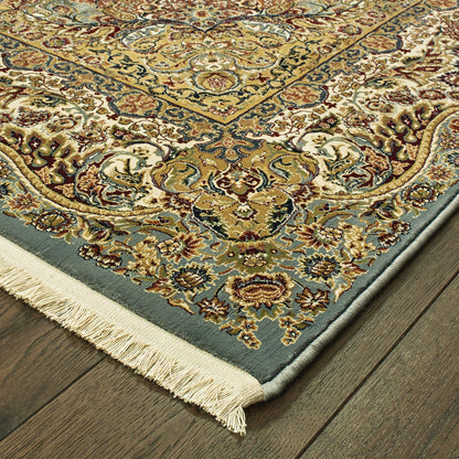 Masterpiece Medallion Blue/ Gold Oriental Cut Pile Rug
