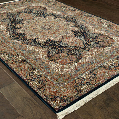 Masterpiece Medallion Navy/ Multi Oriental Cut Pile Rug