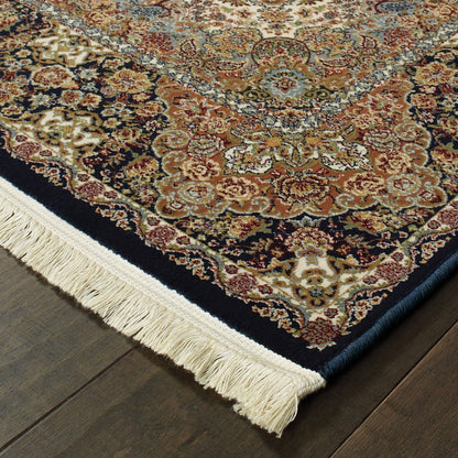 Masterpiece Medallion Navy/ Multi Oriental Cut Pile Rug