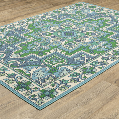 Meridian Medallion Blue/ Green Oriental Loop Pile Rug