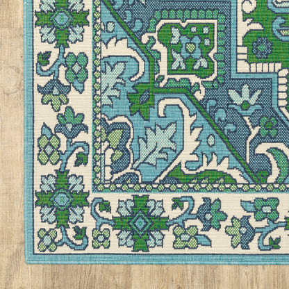 Meridian Medallion Blue/ Green Oriental Loop Pile Rug