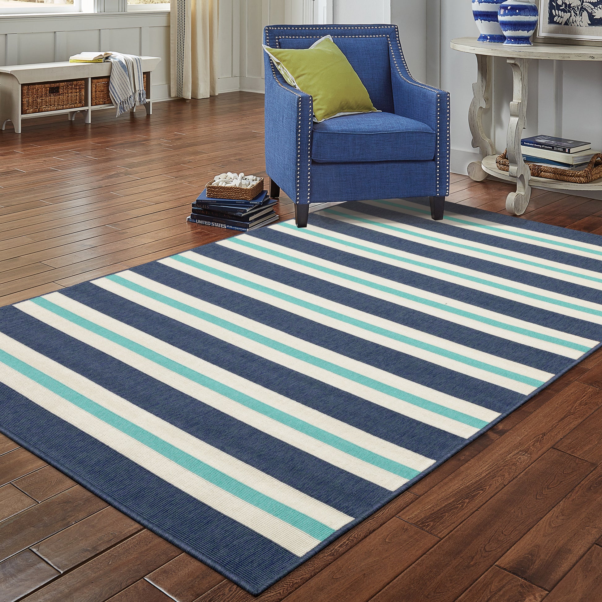 Meridian Outdoor Blue/ Ivory Stripe Loop Pile Rug