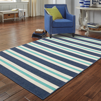 Meridian Outdoor Blue/ Ivory Stripe Loop Pile Rug