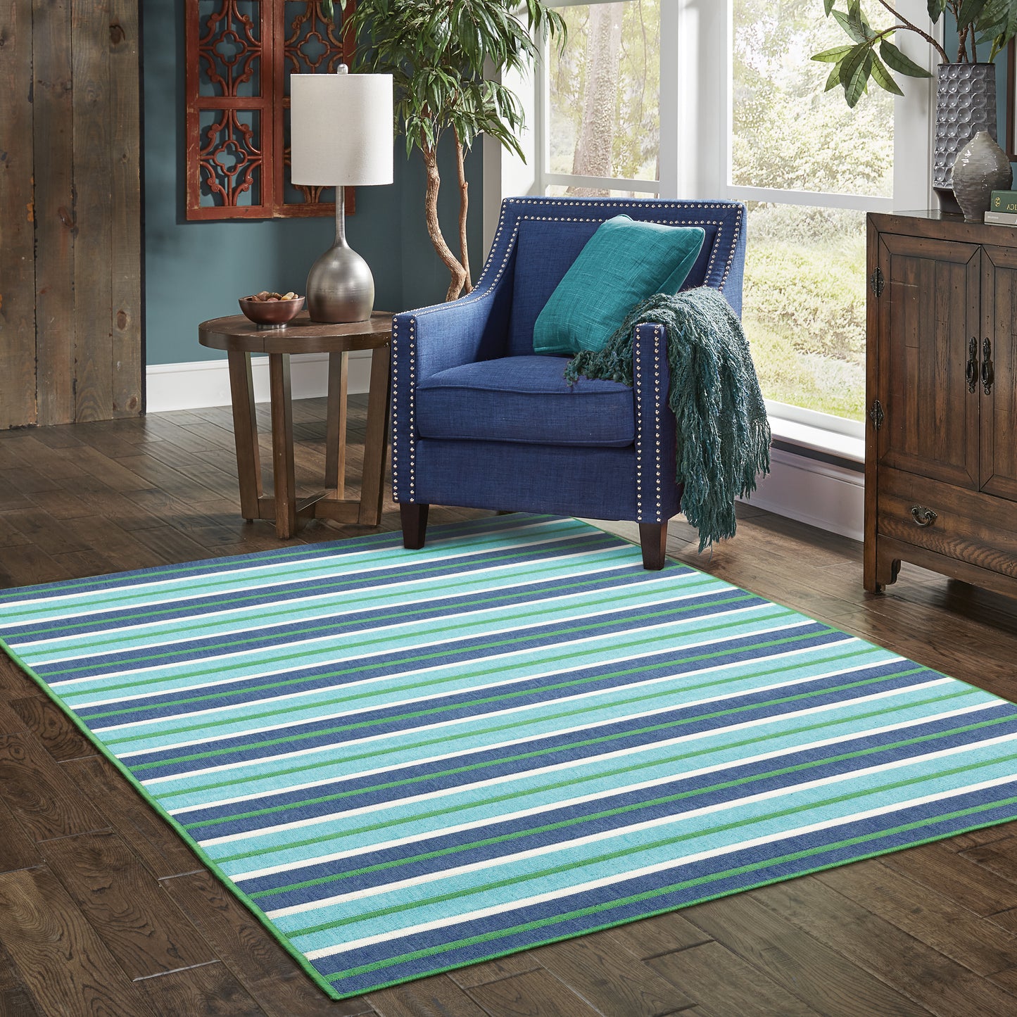 Meridian Outdoor Blue/ Green Stripe Loop Pile Rug