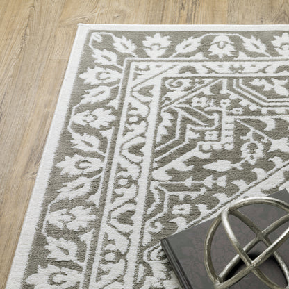 Montecito Medallion Grey/ White Oriental Cut Pile Rug