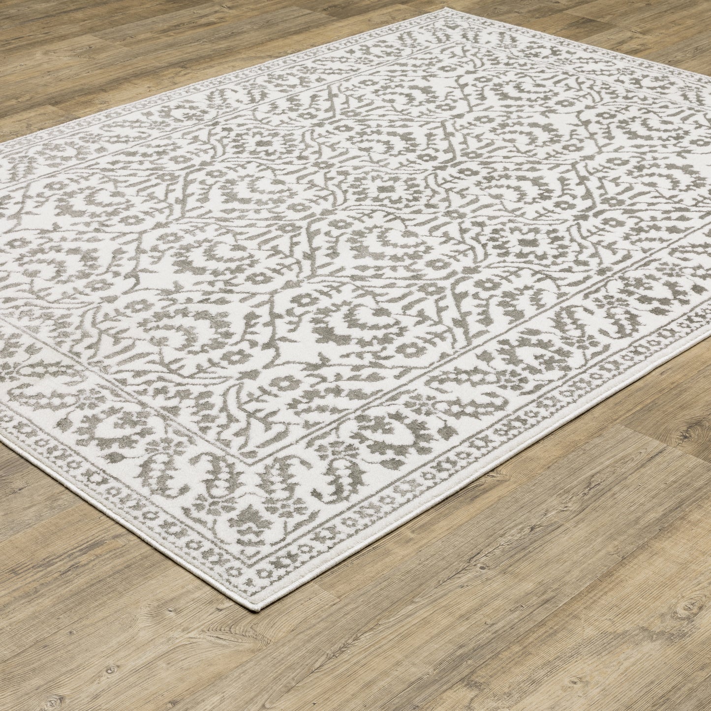 Montecito Border Grey/ White Floral Cut Pile Rug