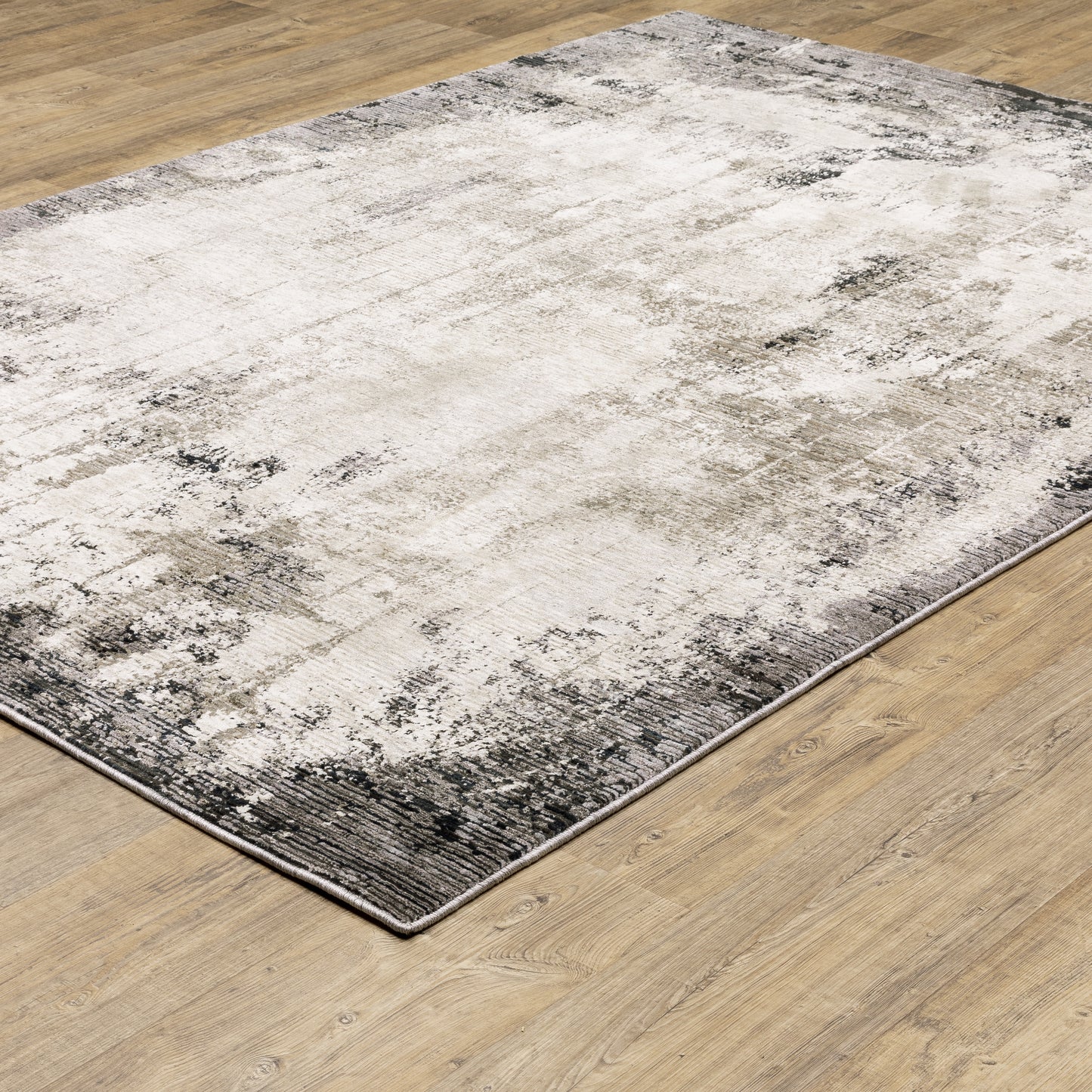 Nebulous Distressed Grey/ Ivory Border Cut Pile Rug