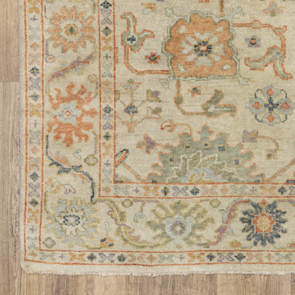Palace Floral Beige/ Green Oriental Cut Pile Rug