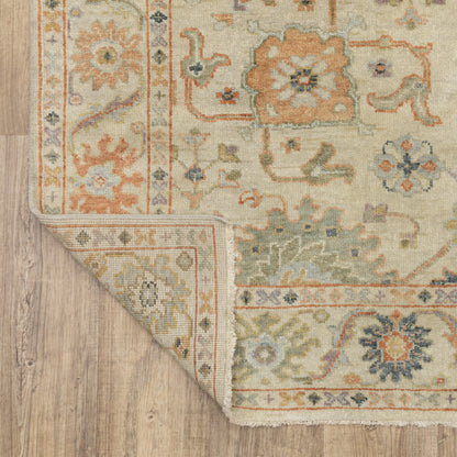 Palace Floral Beige/ Green Oriental Cut Pile Rug