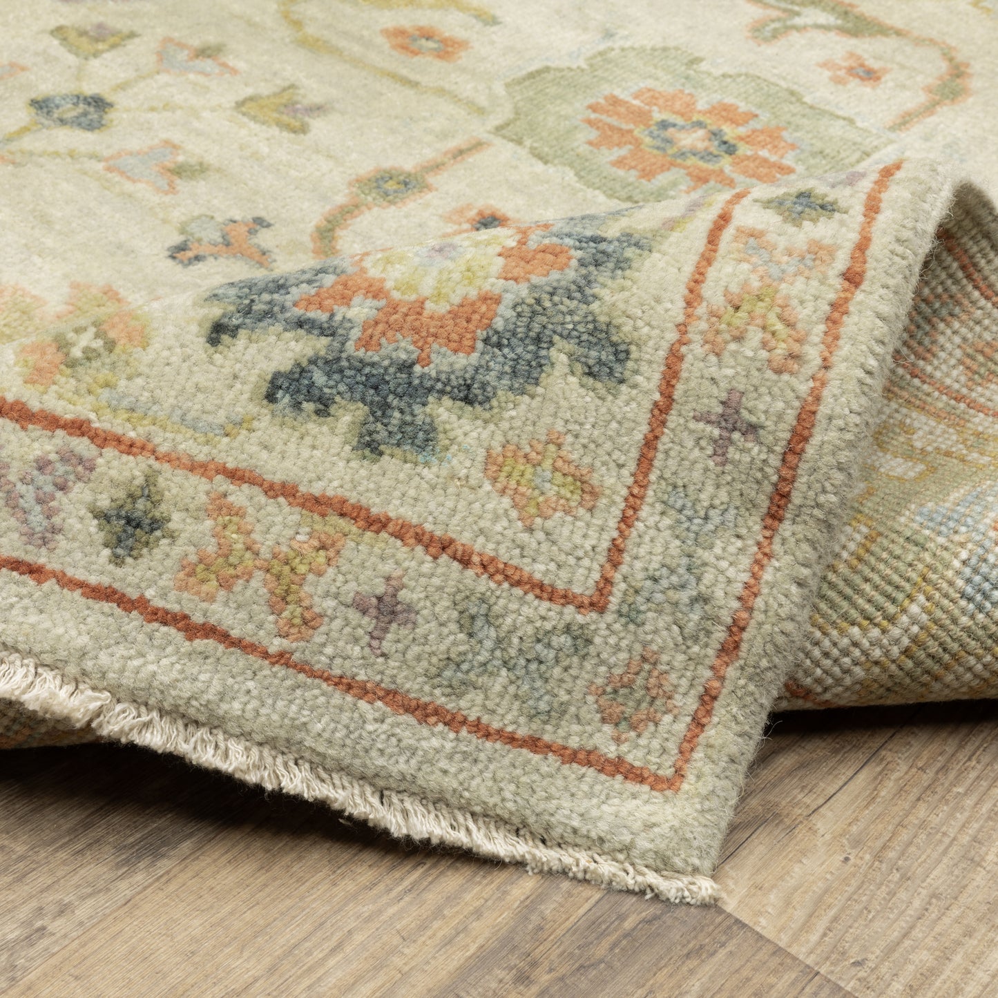 Palace Floral Beige/ Green Oriental Cut Pile Rug