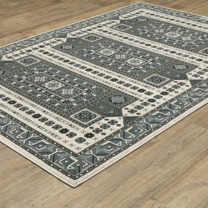 Raylan Oriental Grey/ Blue Geometric Cut Pile Rug