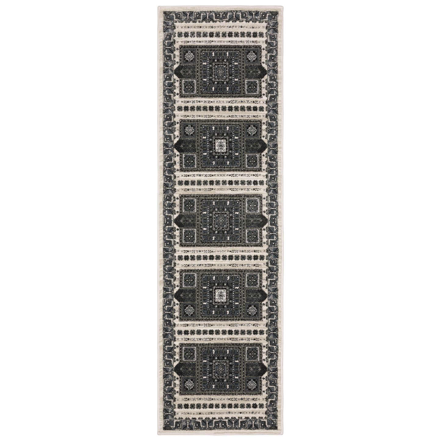 Raylan Ray01 Grey/ Blue Oriental Geometric Rug