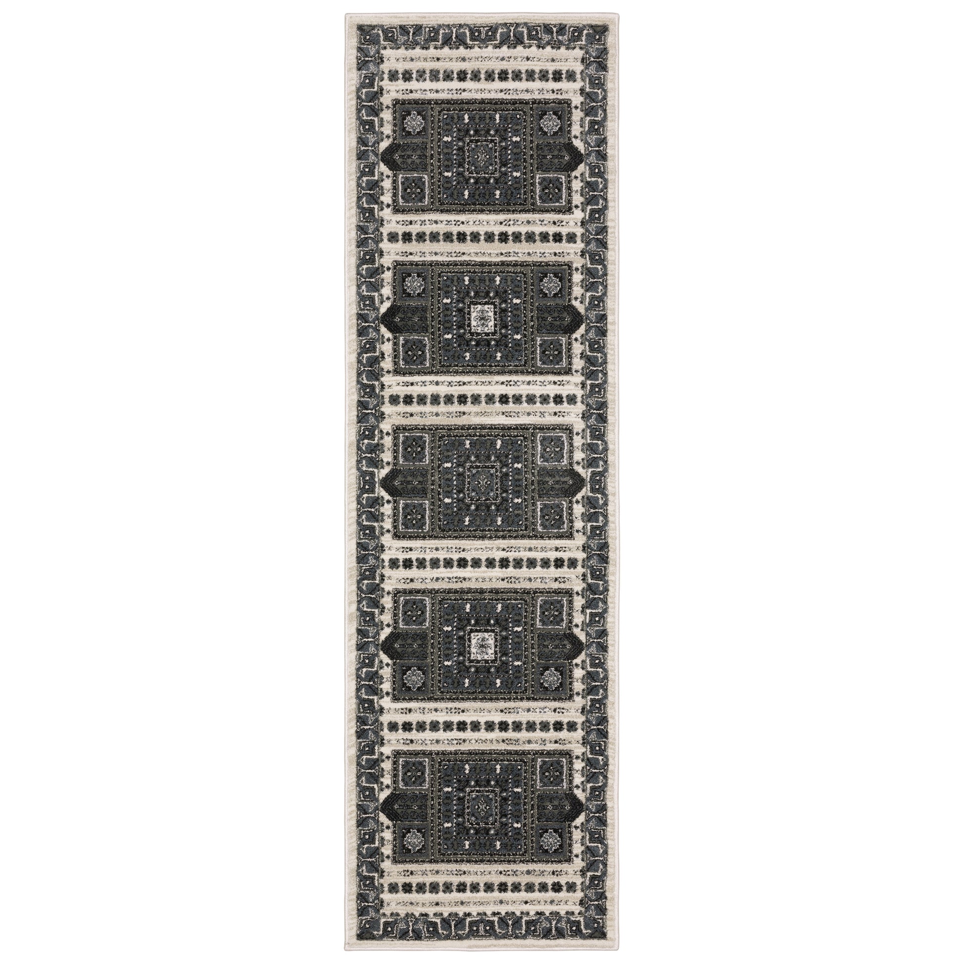 Raylan Ray01 Grey/ Blue Oriental Geometric Rug