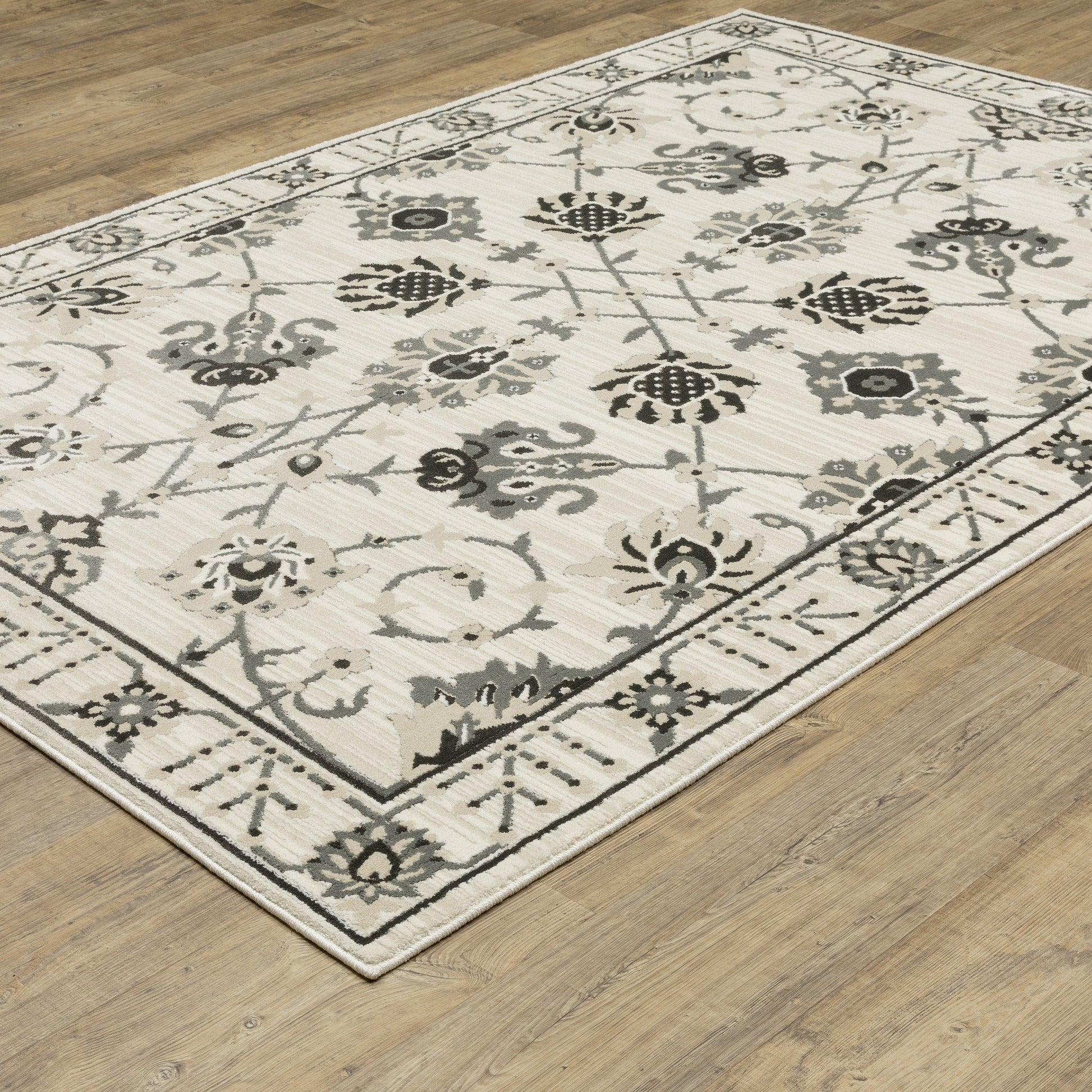 Raylan Floral Ivory/ Grey Oriental Cut Pile Rug
