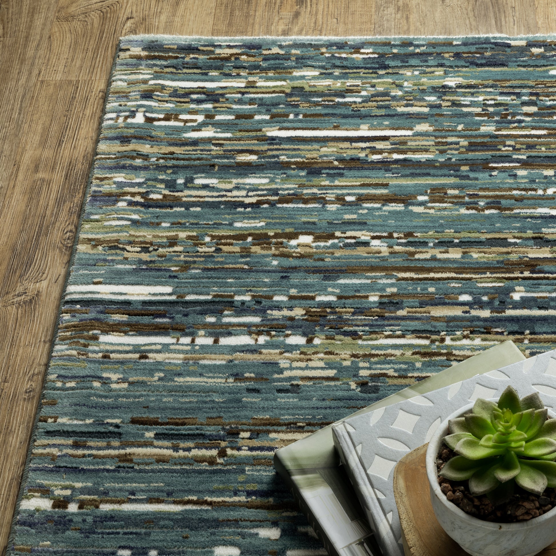 Reed Stripe Blue/ Multi Abstract Cut Pile Rug