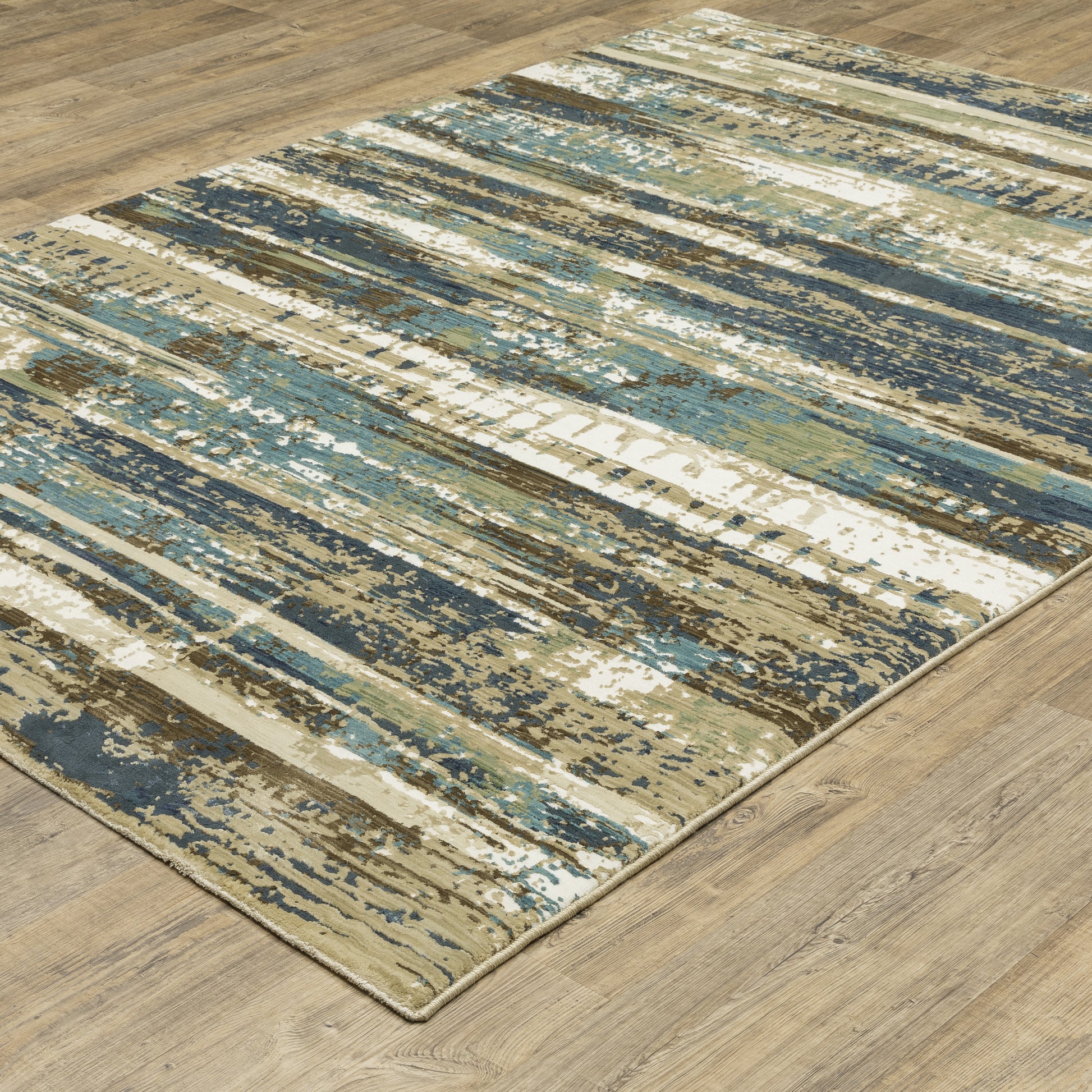 Reed Stripe Beige/ Blue Abstract Cut Pile Rug