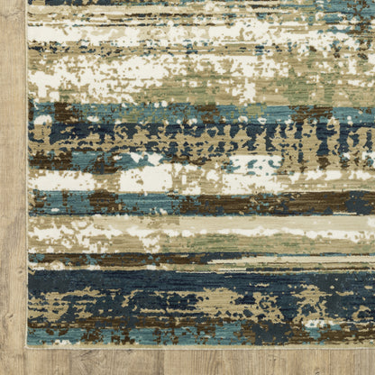 Reed Stripe Beige/ Blue Abstract Cut Pile Rug